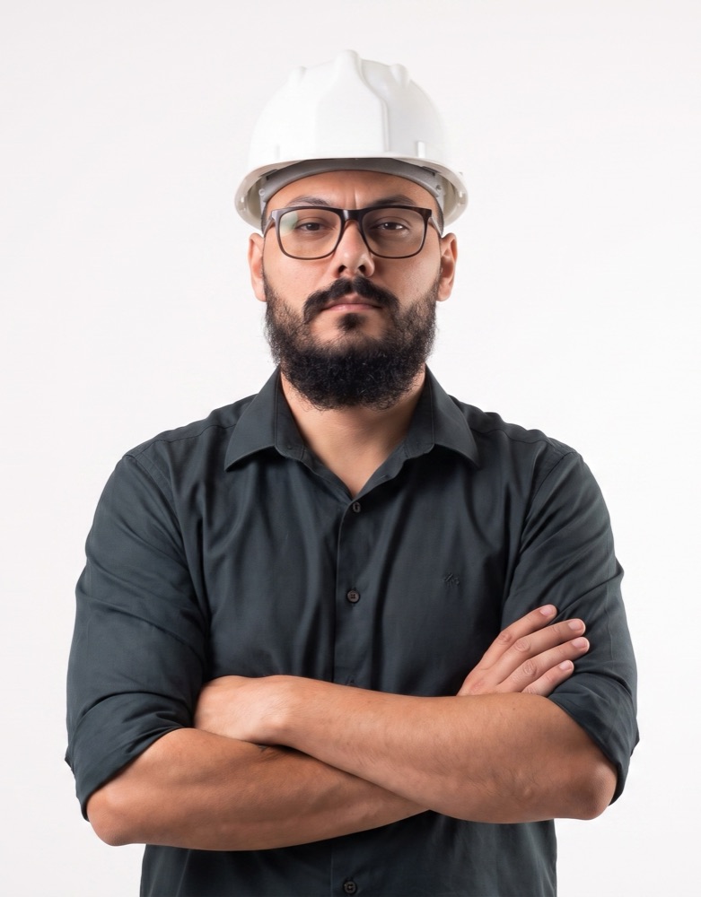 Jeferson Rampazzo, engenheiro, em retrato de braços cruzados usando capacete de segurança